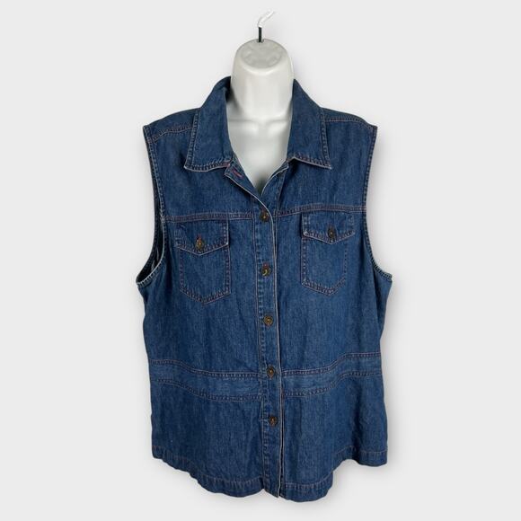 Vintage lightweight dark denim jean vest collared 90s womens XL - Picture 1 of 5